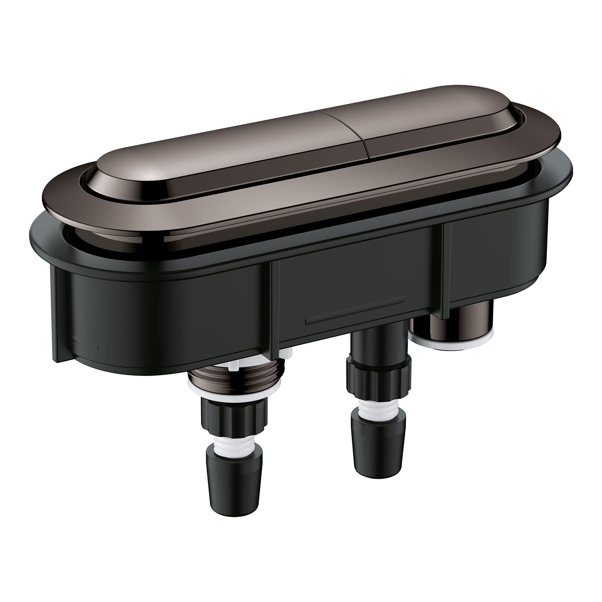 Dark gray dual flush toilet actuator with rounded top button and mounting bracket with three connection ports.