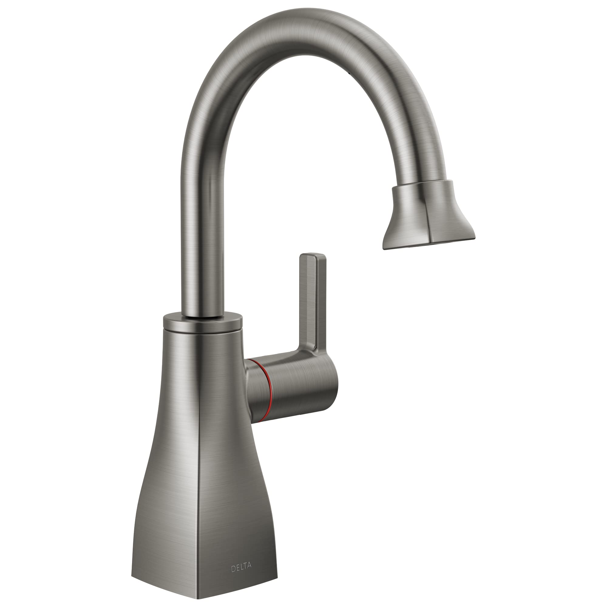 Brushed stainless steel instant hot water dispenser with curved gooseneck spout and single lever handle.