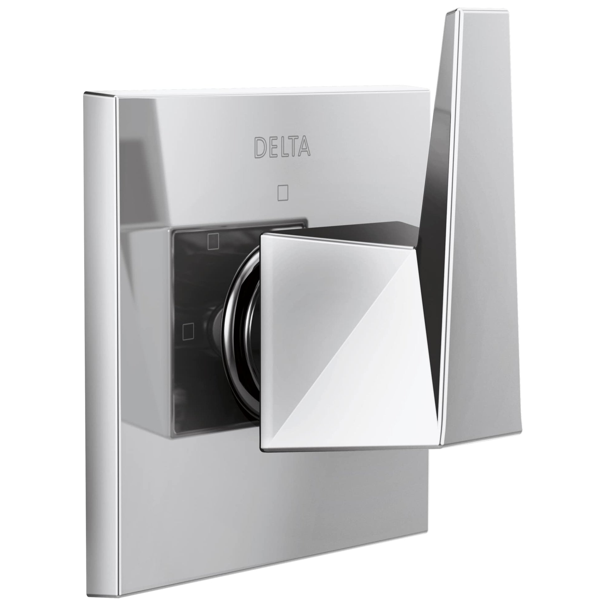 Chrome Delta diverter trim with square handle and black valve body mounted on white wall plate.