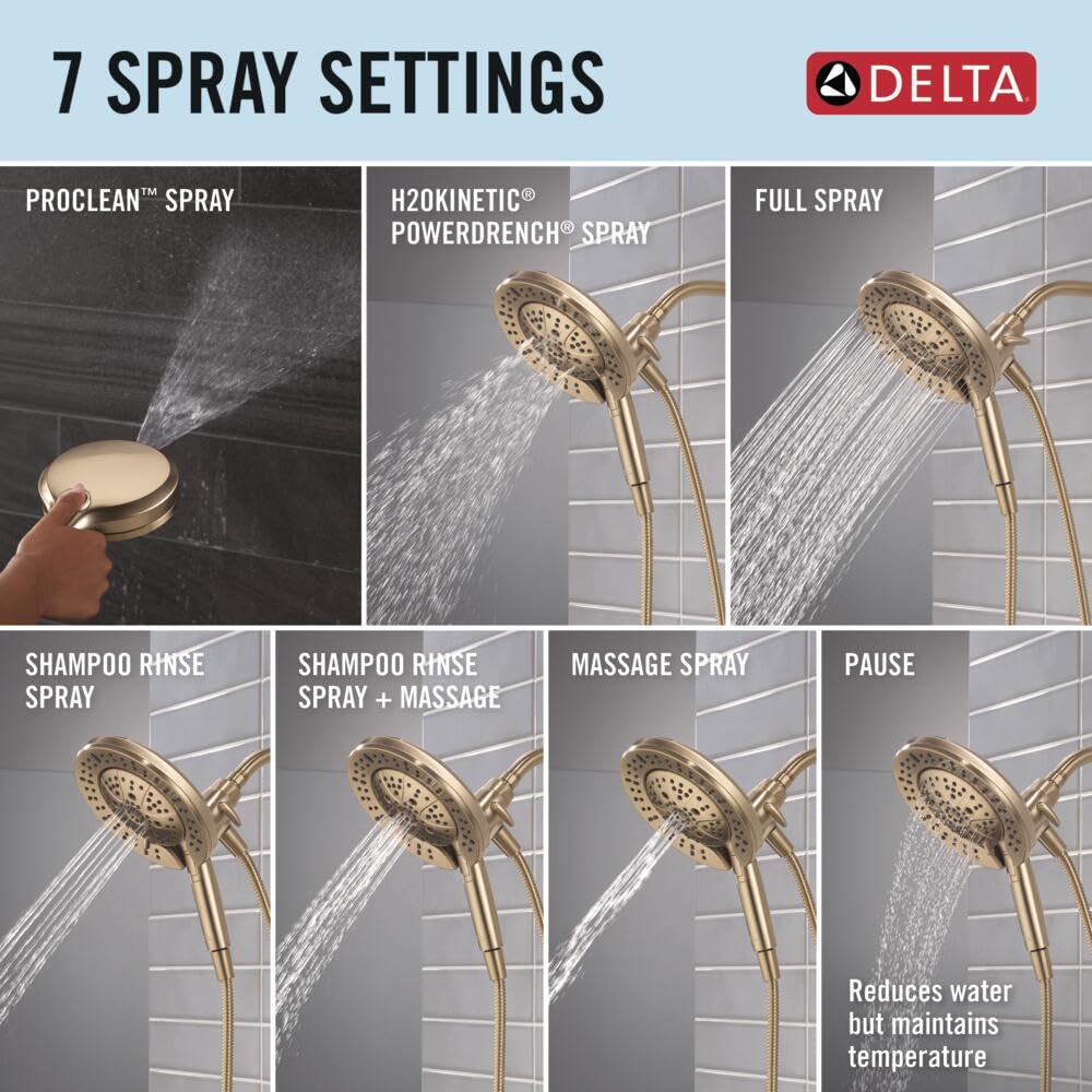 Champagne bronze shower head with hand-held attachment displaying 7 spray settings including ProClean, H2Okinetic PowerDrench