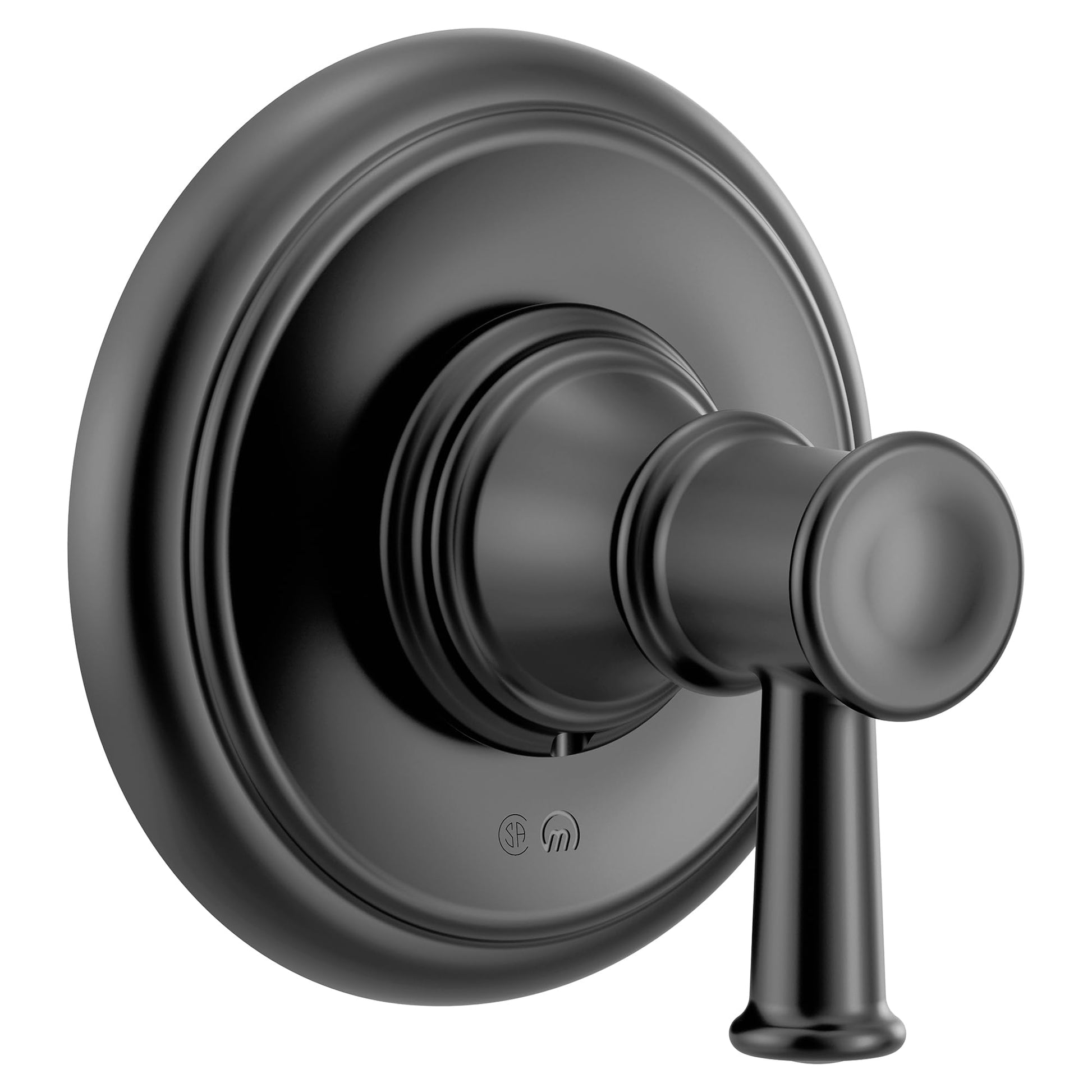 Matte black single-handle transfer valve trim with round escutcheon plate and lever handle.