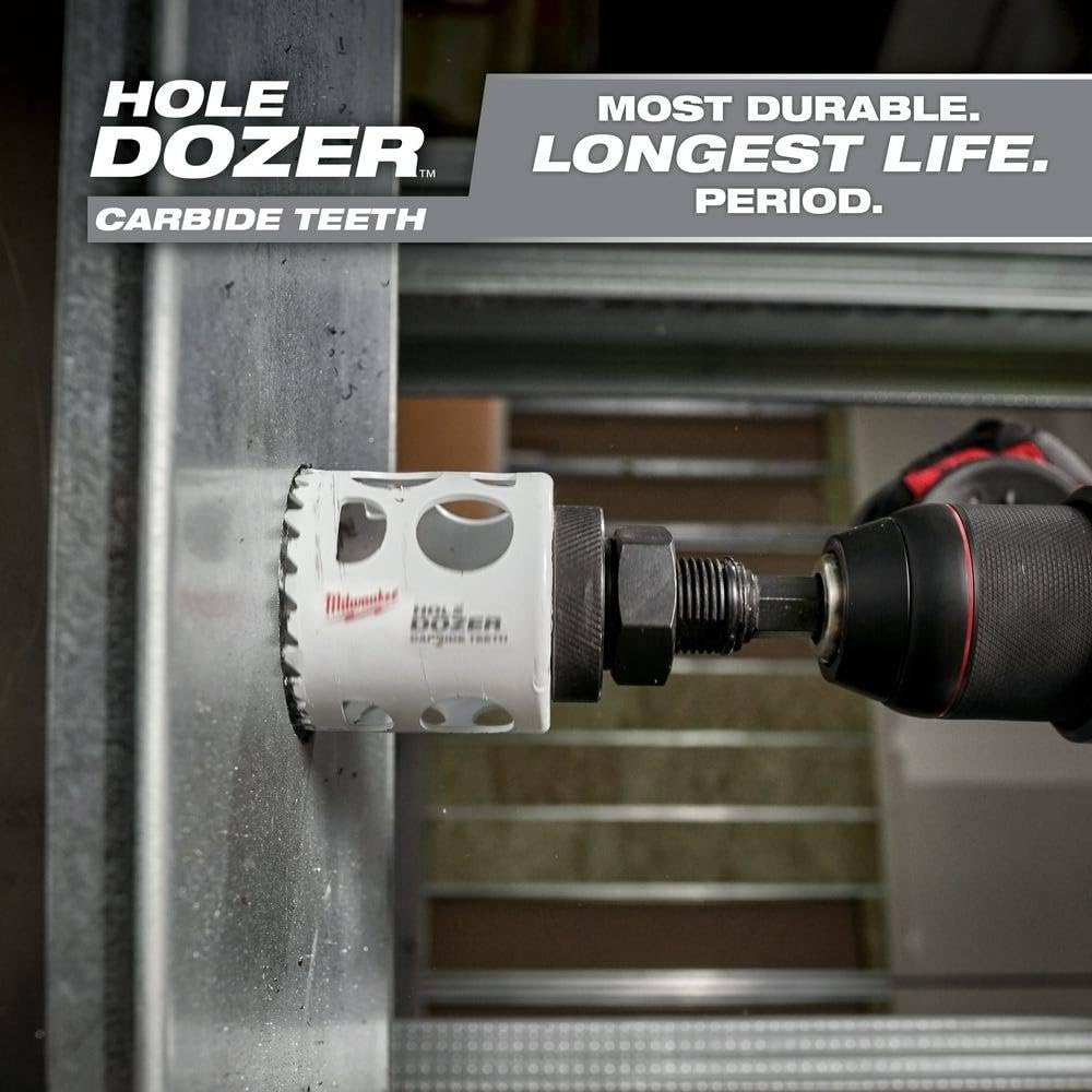 Milwaukee Hole Dozer hole saw with carbide teeth mounted in drill chuck against metal surface.