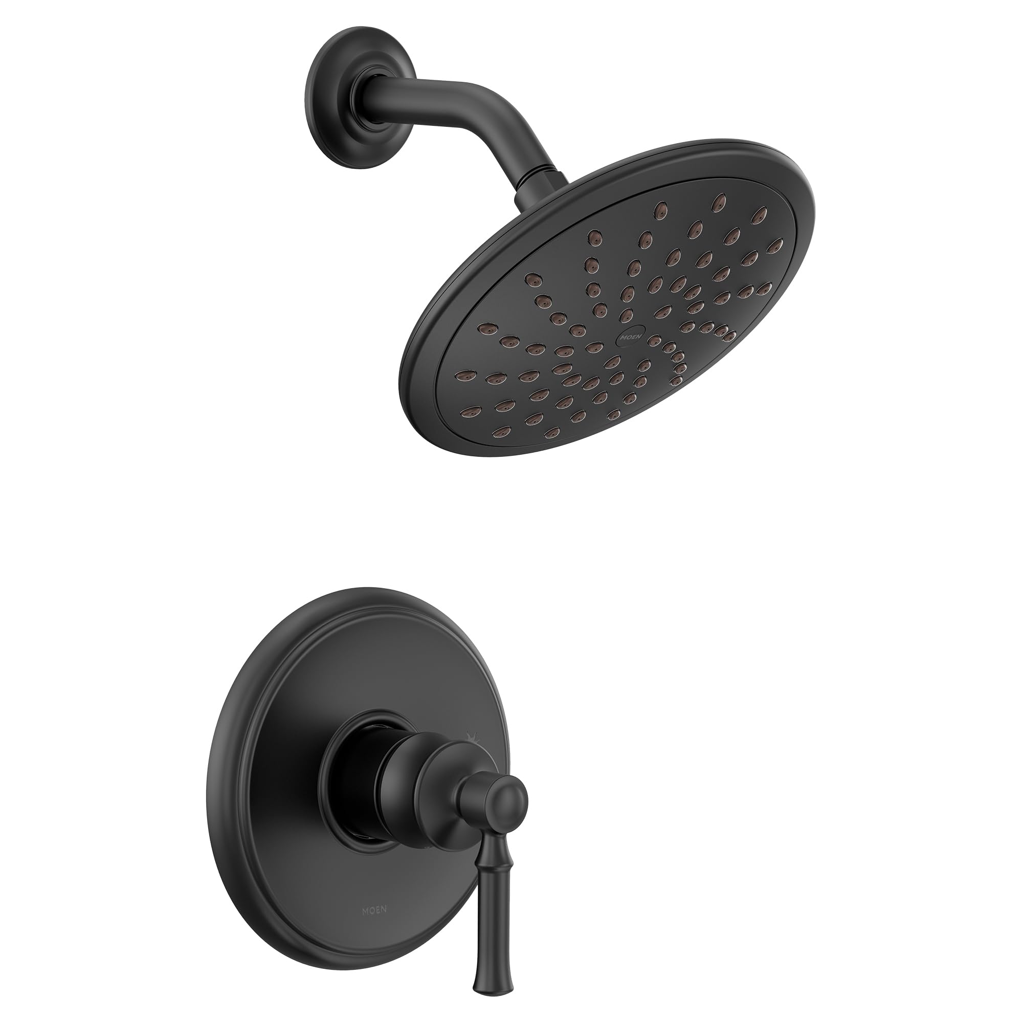 Matte black shower trim kit with 8-inch rainshower head and single-handle valve control.