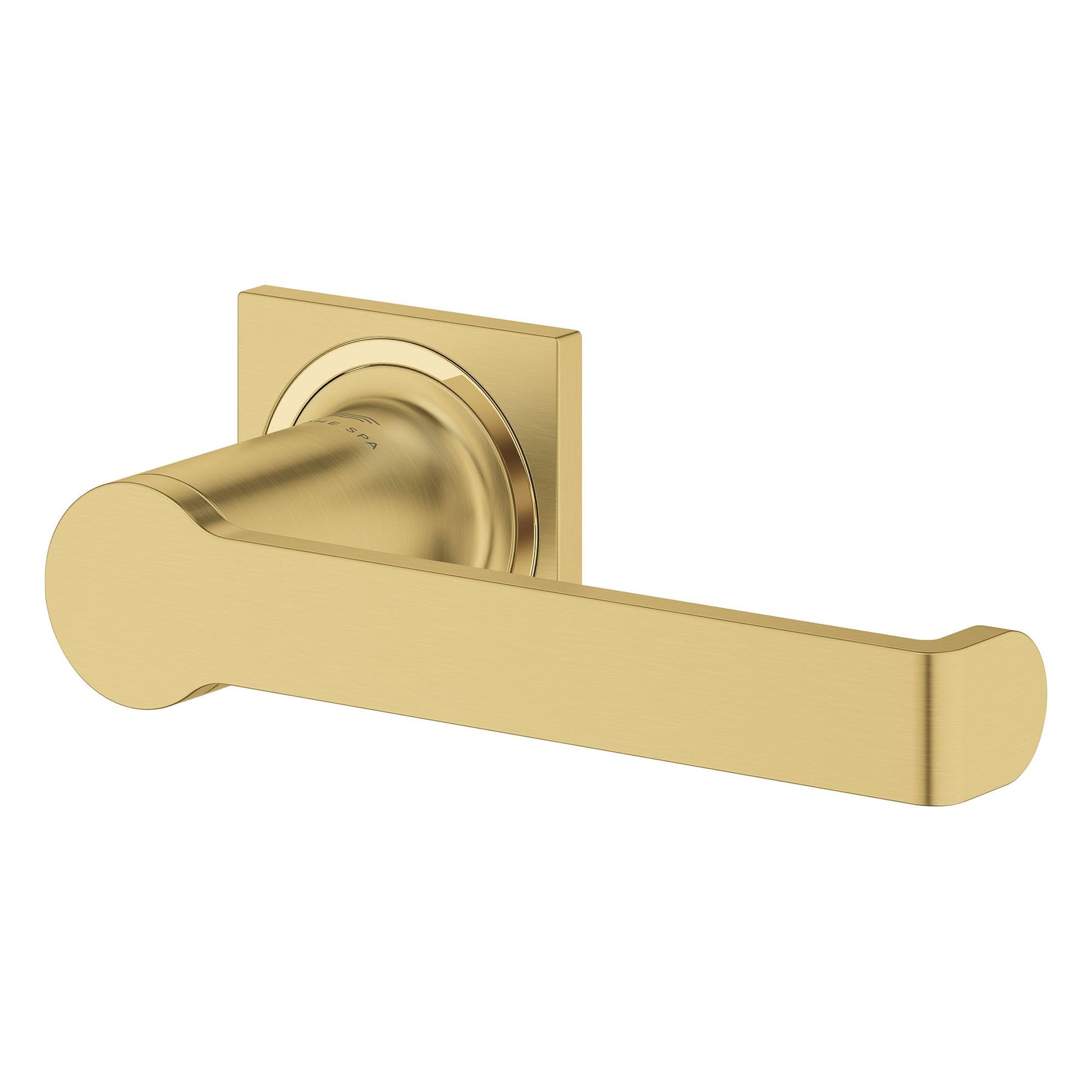 Brushed nickel toilet paper holder with cylindrical rod extending from square backing plate.