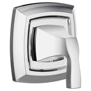 Chrome single-handle shower valve trim with curved rectangular escutcheon and lever handle.