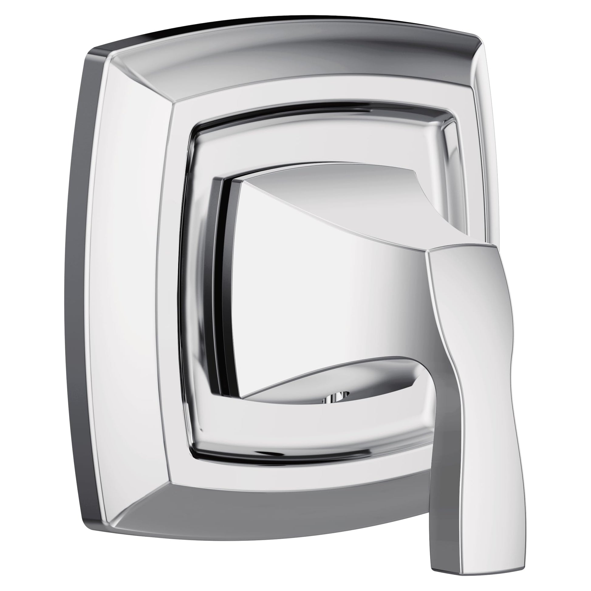 Chrome single-handle shower valve trim with curved rectangular escutcheon and lever handle.