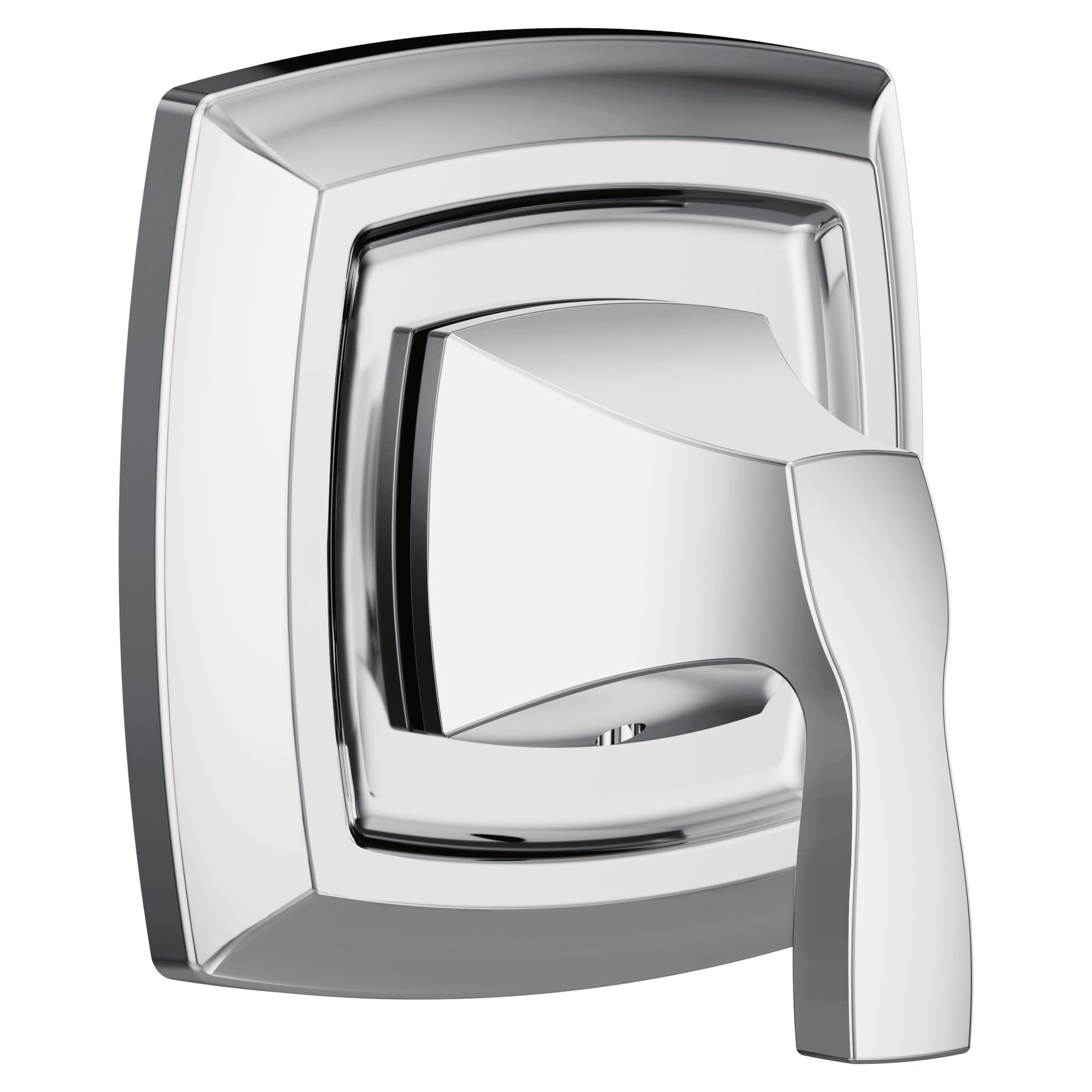 Chrome single-handle shower valve trim with curved rectangular escutcheon and lever handle.