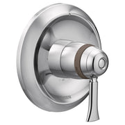 Chrome thermostatic shower valve trim with round escutcheon plate and lever handle.