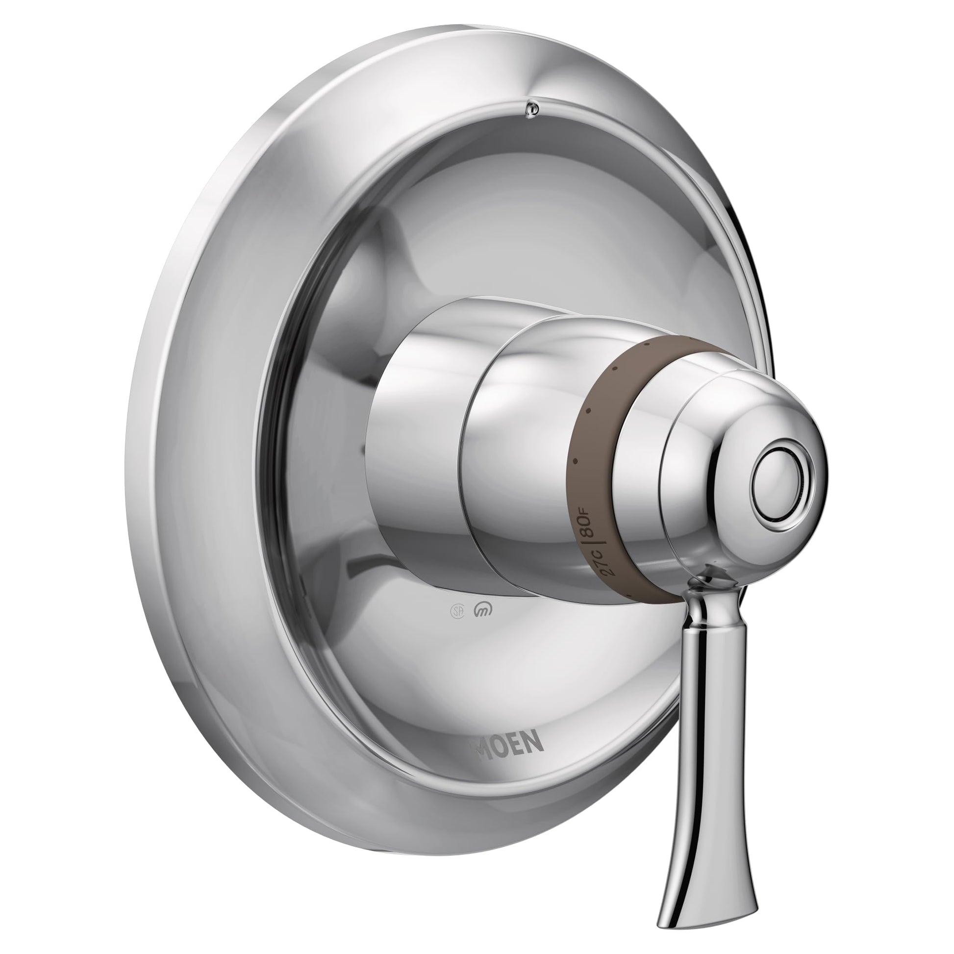 Chrome thermostatic shower valve trim with round escutcheon plate and lever handle.