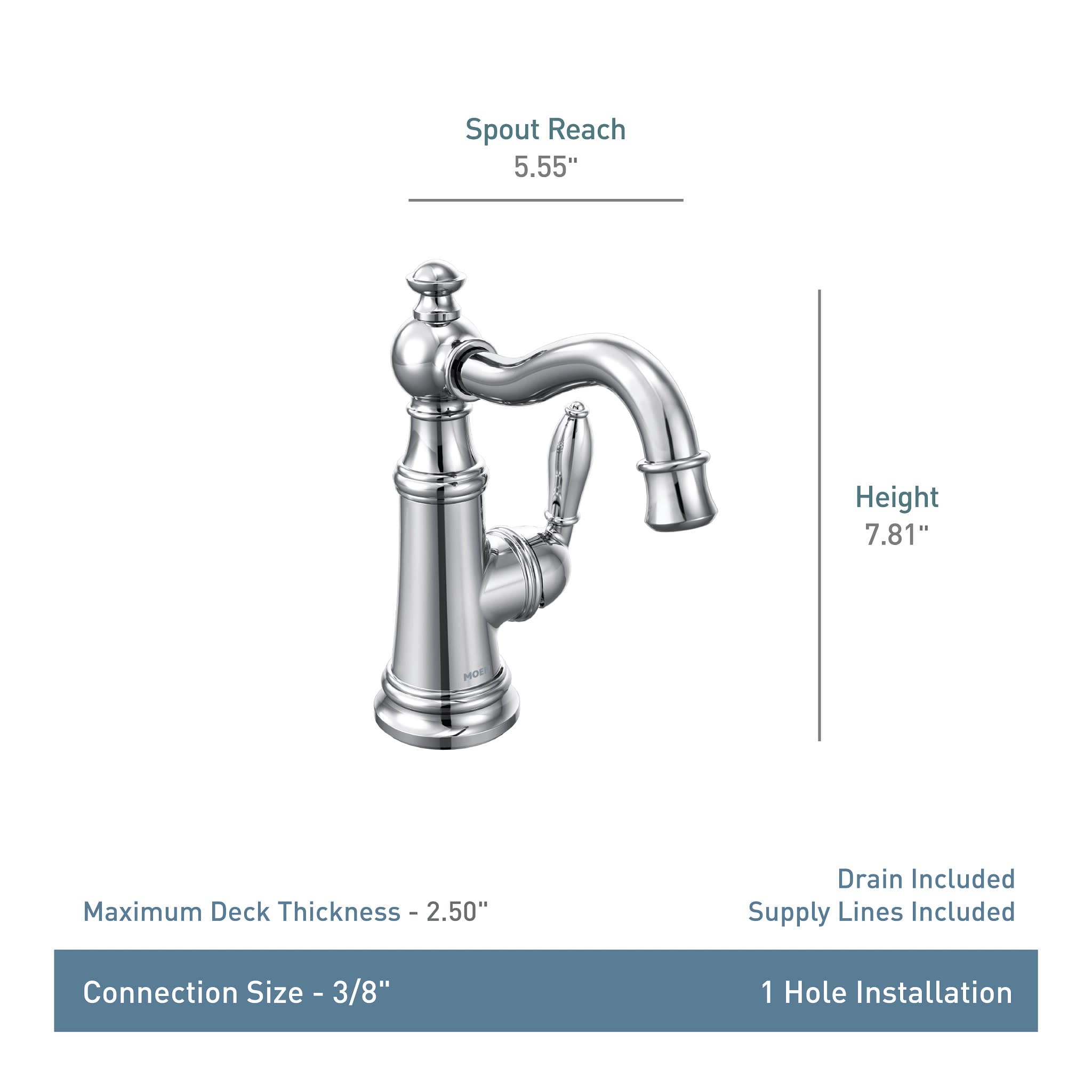 Polished nickel single-handle bathroom sink faucet with curved spout and traditional design, 7.81" height.