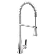 Chrome single-handle kitchen faucet with high arc pulldown sprayer head and coiled hose.