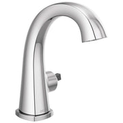 Chrome single-handle bathroom faucet with curved spout and pop-up drain assembly.