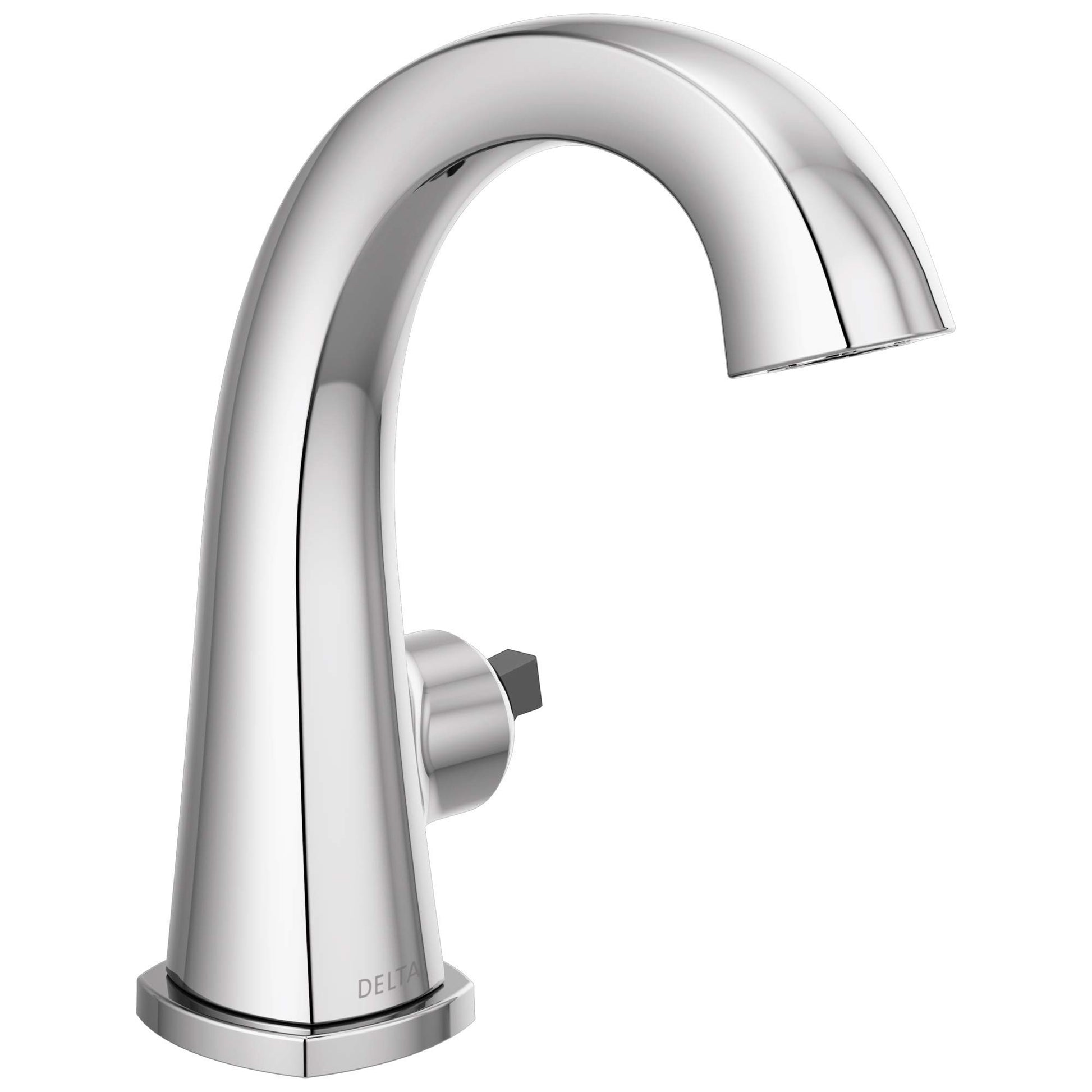 Chrome single-handle bathroom faucet with curved spout and pop-up drain assembly.