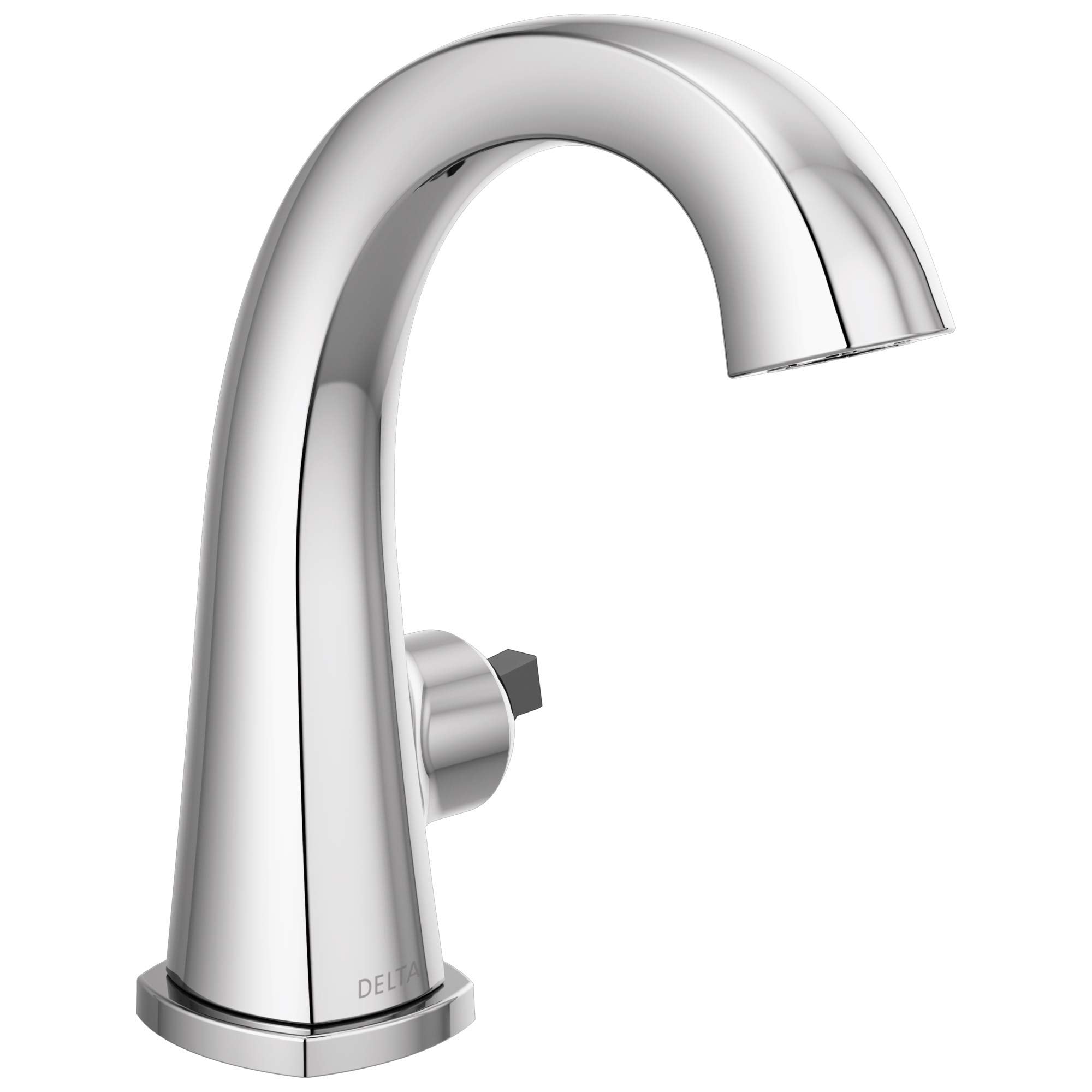 Chrome single-handle bathroom faucet with curved spout and pop-up drain assembly.