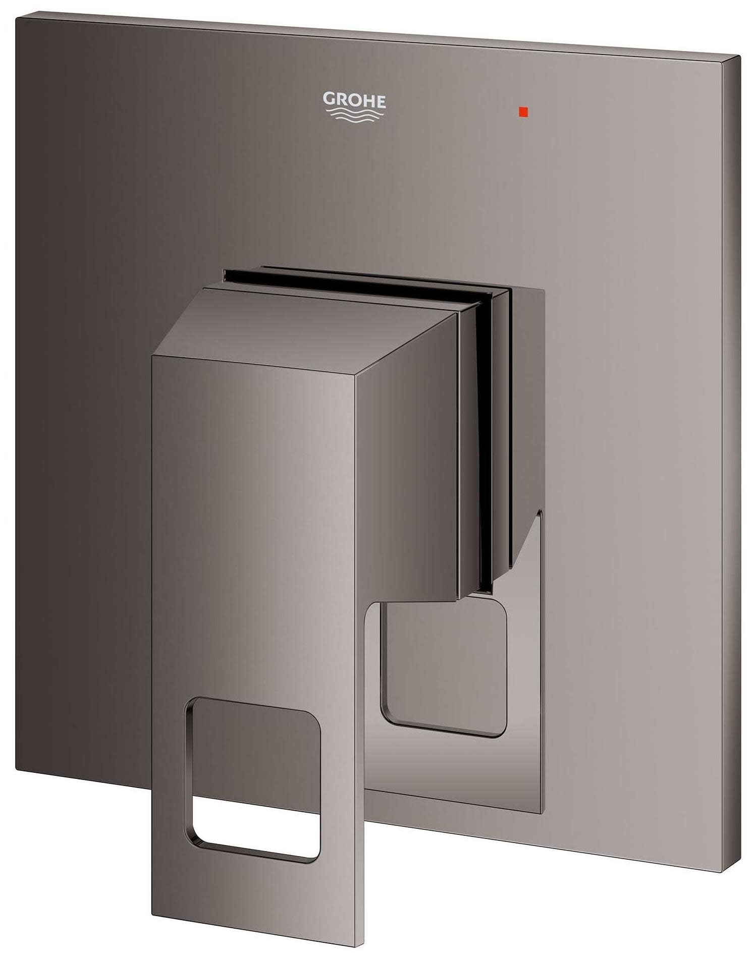 Matte black Grohe Eurocube pressure balance valve trim with square handle and cartridge cartridge visible.