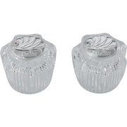 Pair of clear knob handles with ridged texture and metal lever tops, one with red indicator dot and one with blue indicator d