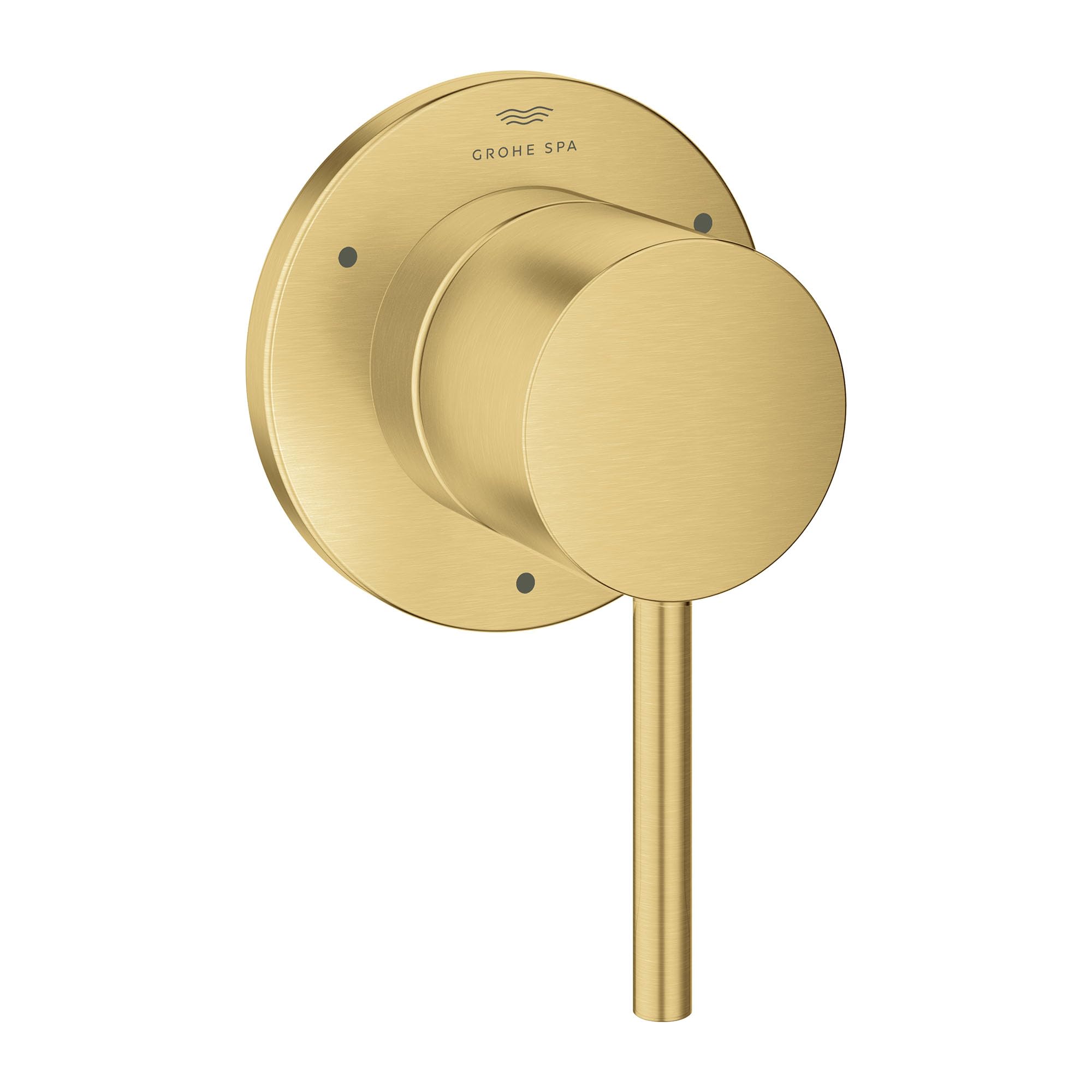 Brushed gold round diverter valve trim with circular backplate, protruding lever handle, and "GROHE SPA" text marking.