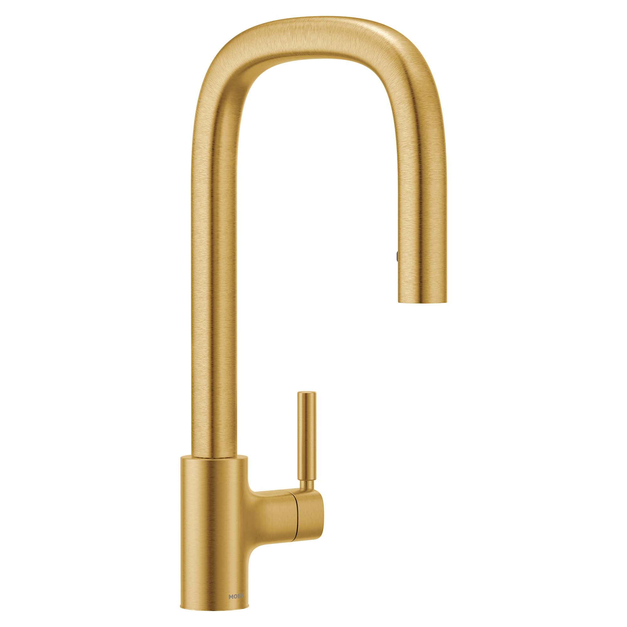 Brushed gold kitchen faucet with high arched pulldown spout and single handle lever.