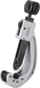 RIDGID Quick Acting Tubing Cutter with adjustment wheel and cutting head, gray and black metal tool.