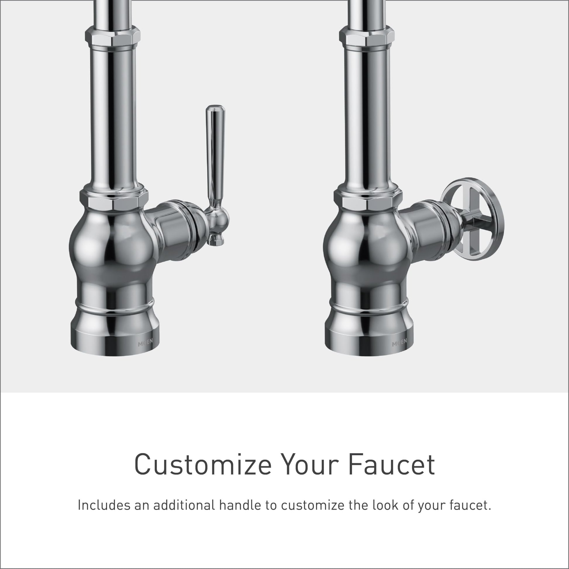 Chrome pulldown kitchen faucet shown with single lever handle on left and crossbar handle option on right.