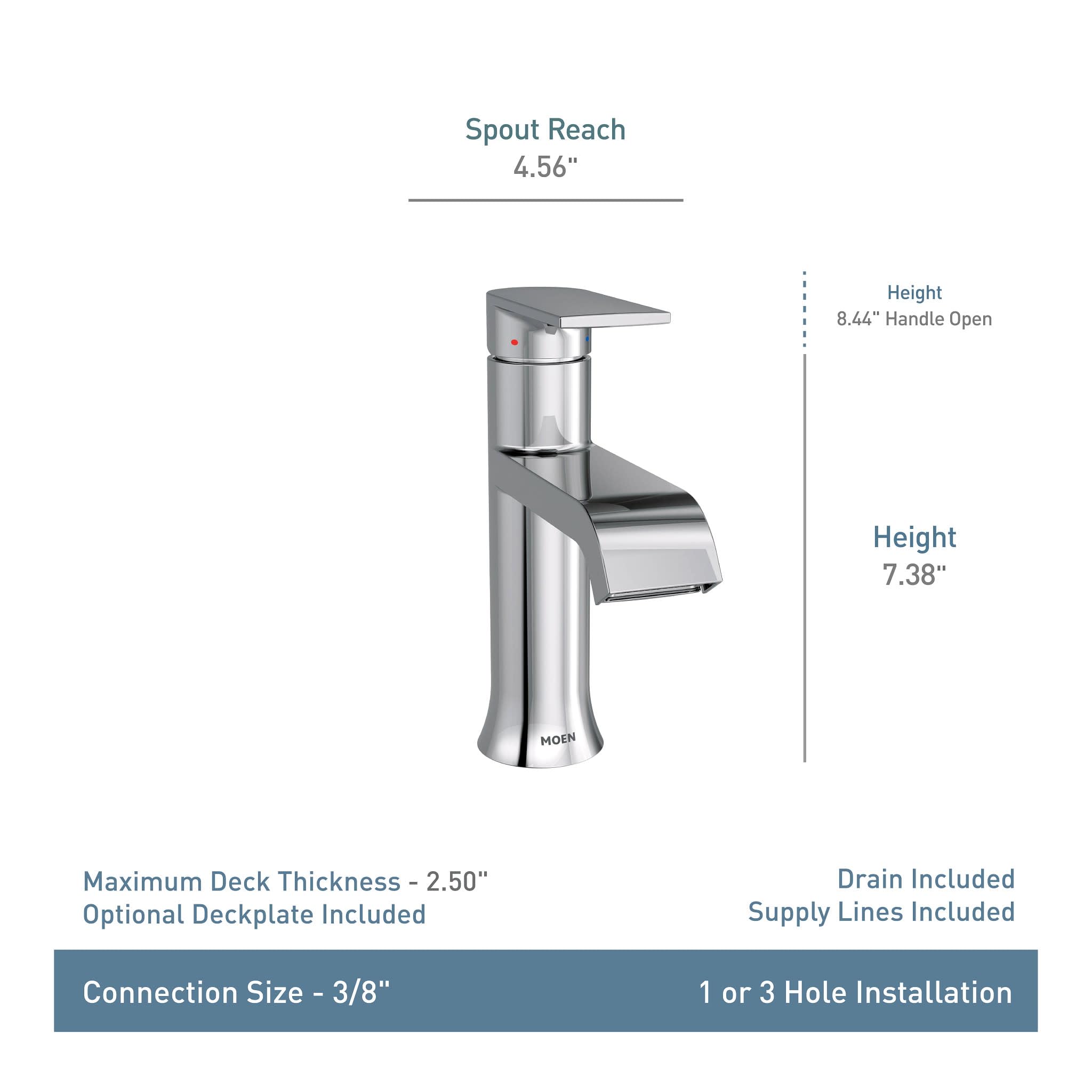 Moen Genta LX single handle lavatory faucet in matte black with curved spout and cylindrical body, 7.38" height.