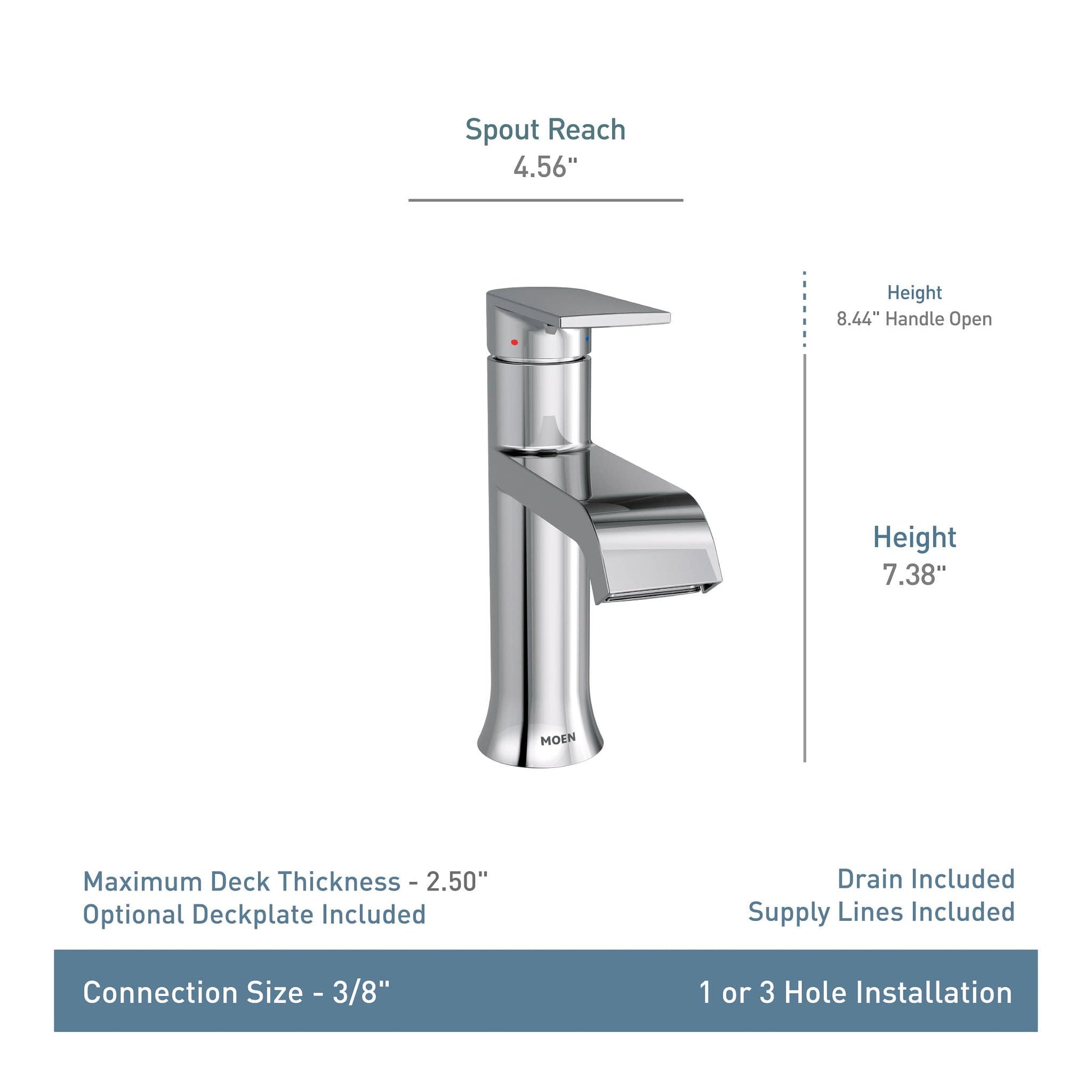 Chrome single-handle bathroom faucet with curved spout, 7.38" height, and lever handle.