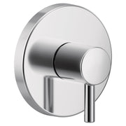 Chrome single-handle transfer valve trim with cylindrical lever handle and circular escutcheon plate.