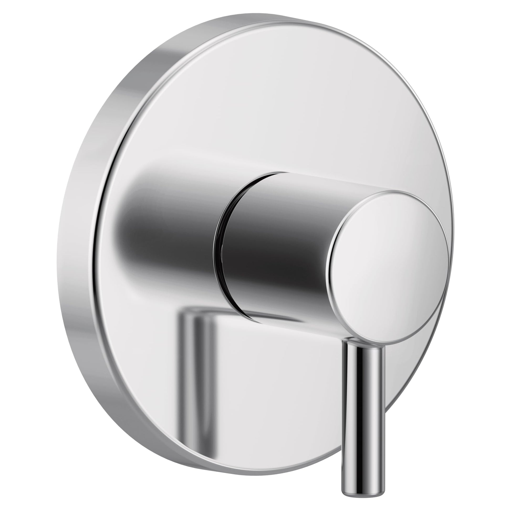 Chrome single-handle transfer valve trim with cylindrical lever handle and circular escutcheon plate.