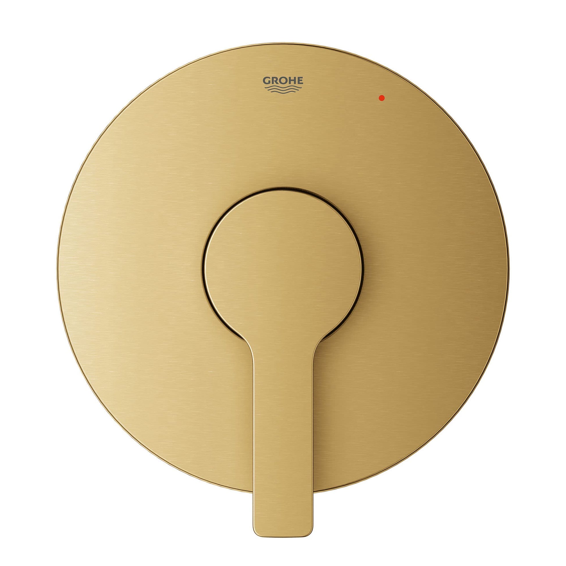 Grohe Lineare brushed gold round valve trim with single lever handle and red indicator dot.