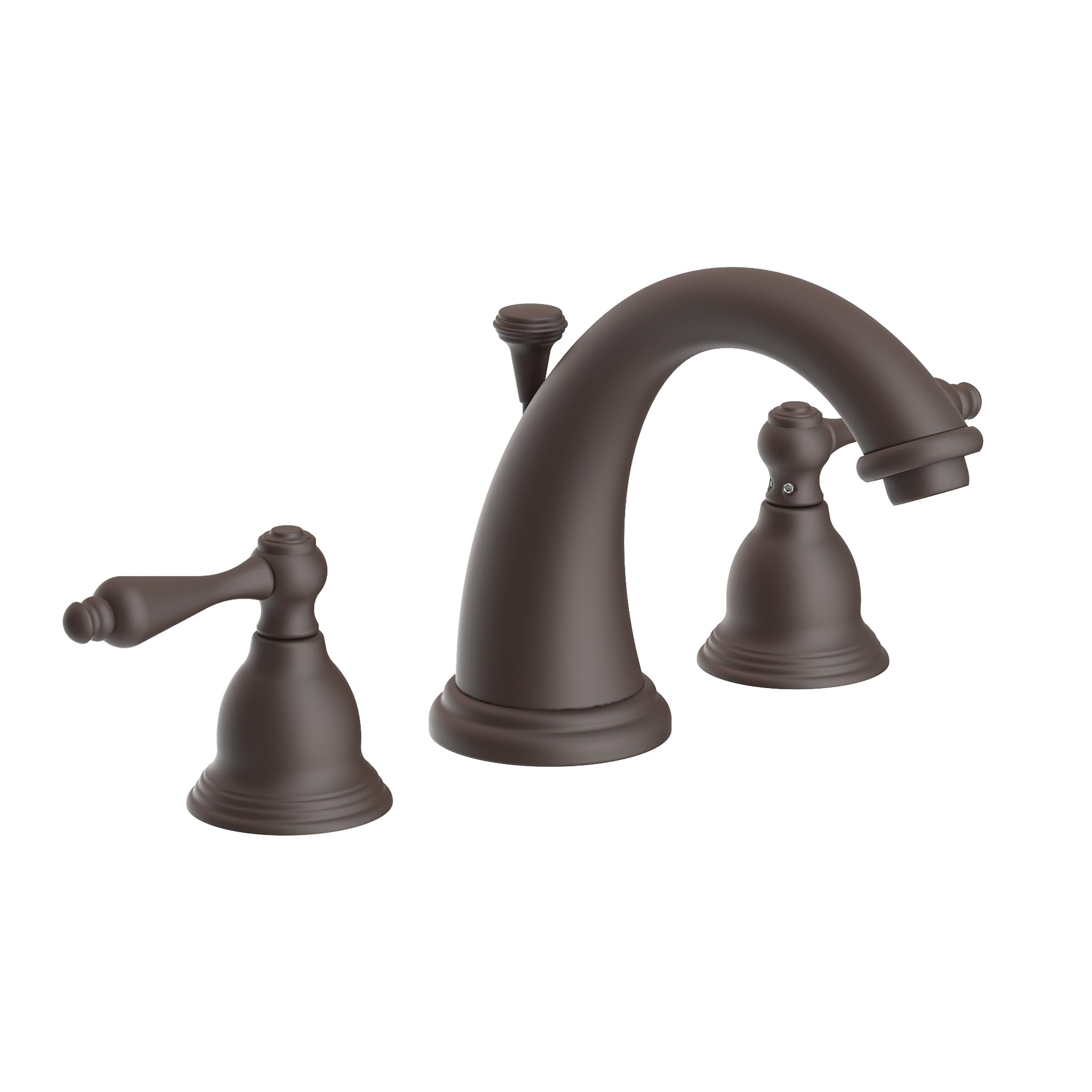 Oil rubbed bronze widespread bathroom sink faucet with curved spout and two lever handles.
