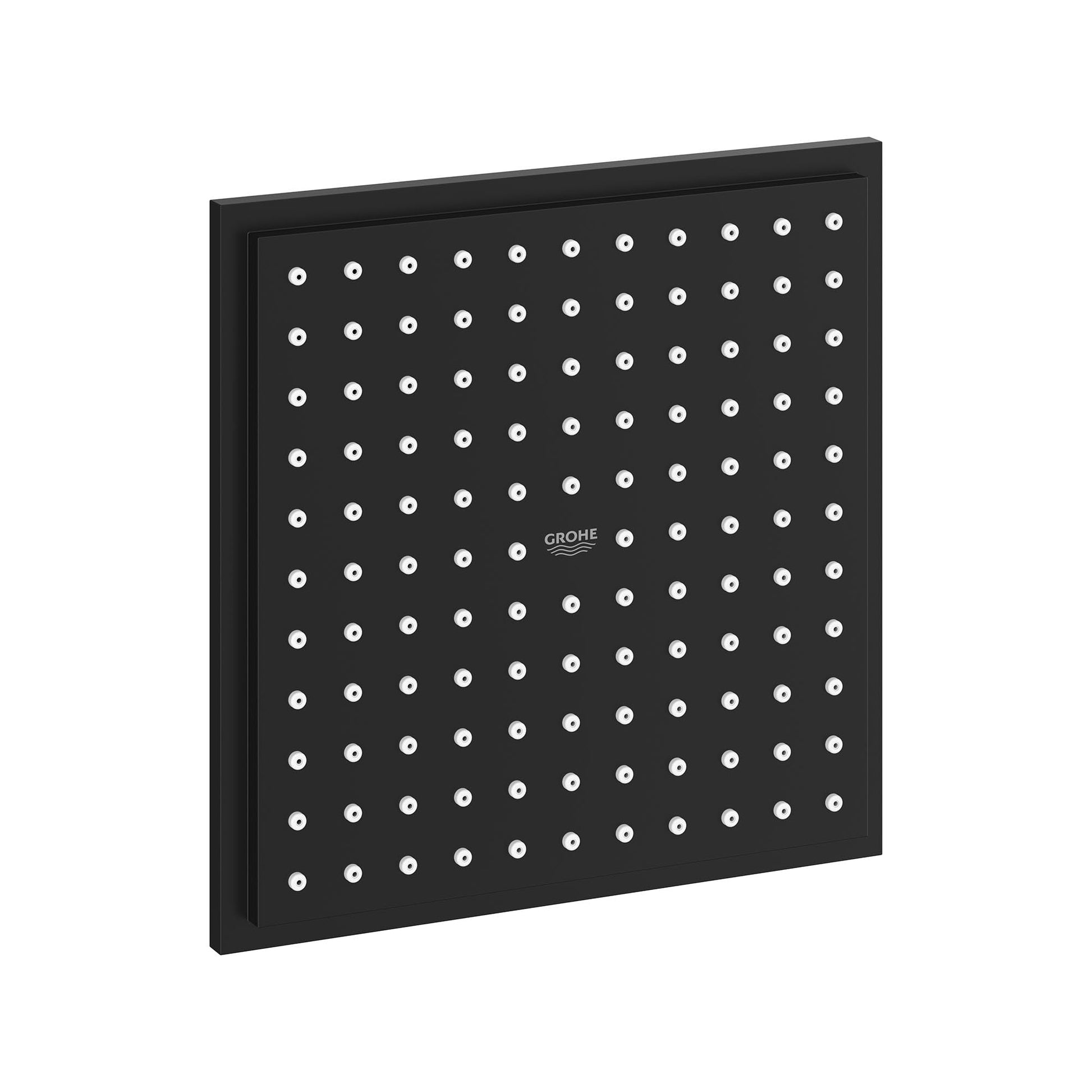 Square matte black shower head with grid pattern of spray nozzles and Grohe logo.