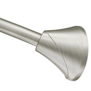 Brushed nickel curved tension shower curtain rod with cylindrical end cap and straight rod extending left.