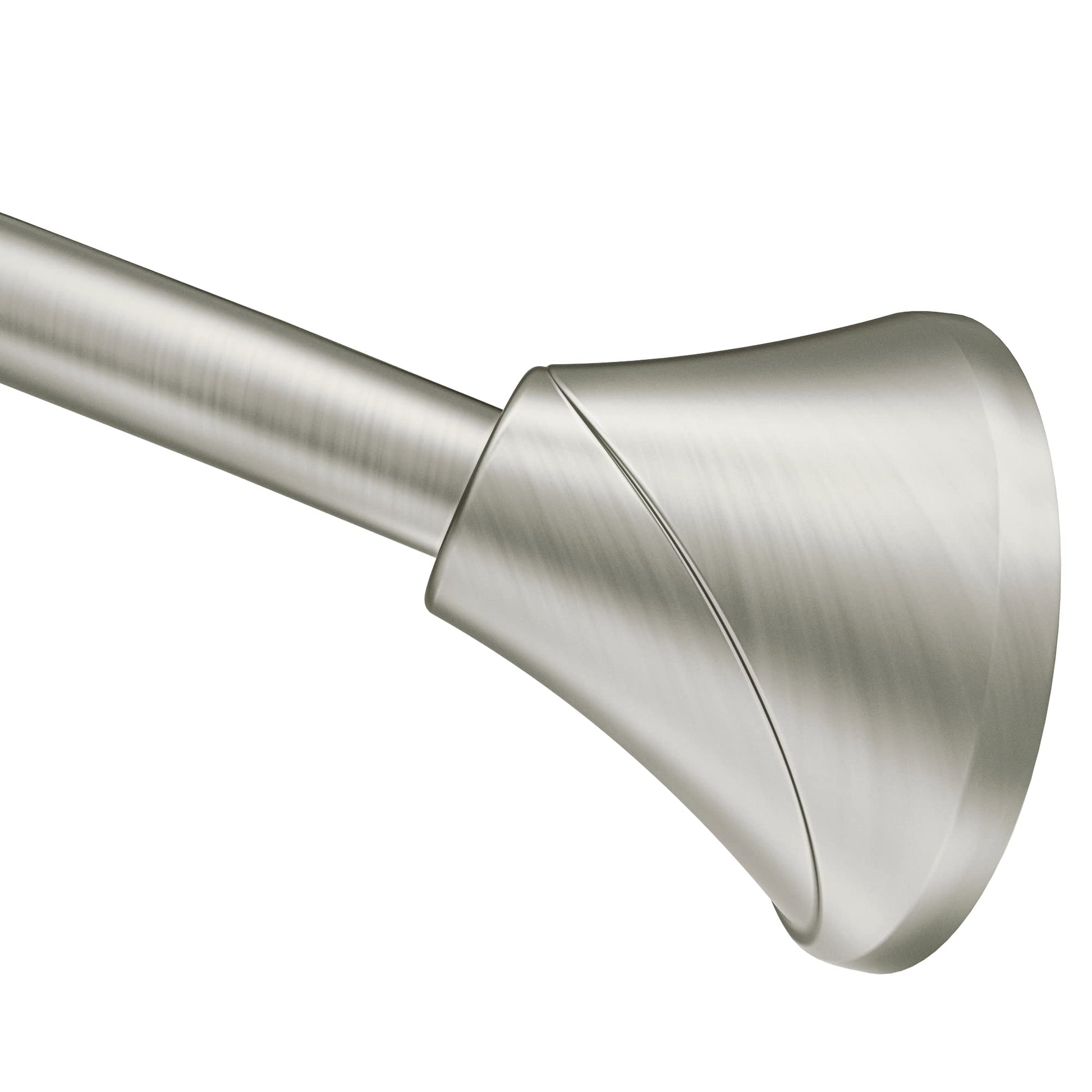 Brushed nickel curved tension shower curtain rod with cylindrical end cap and straight rod extending left.