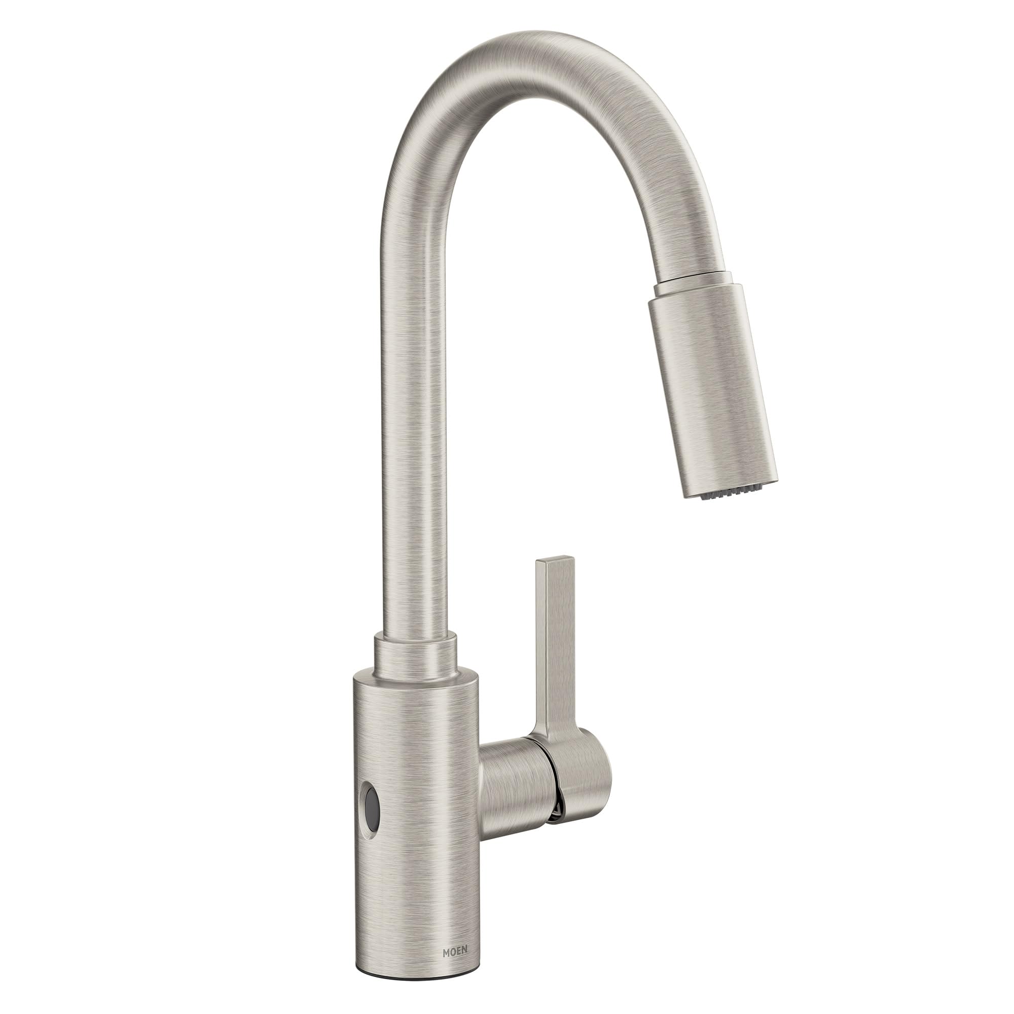 Spot Resist Stainless steel high arc kitchen faucet with single handle and pulldown sprayer head.