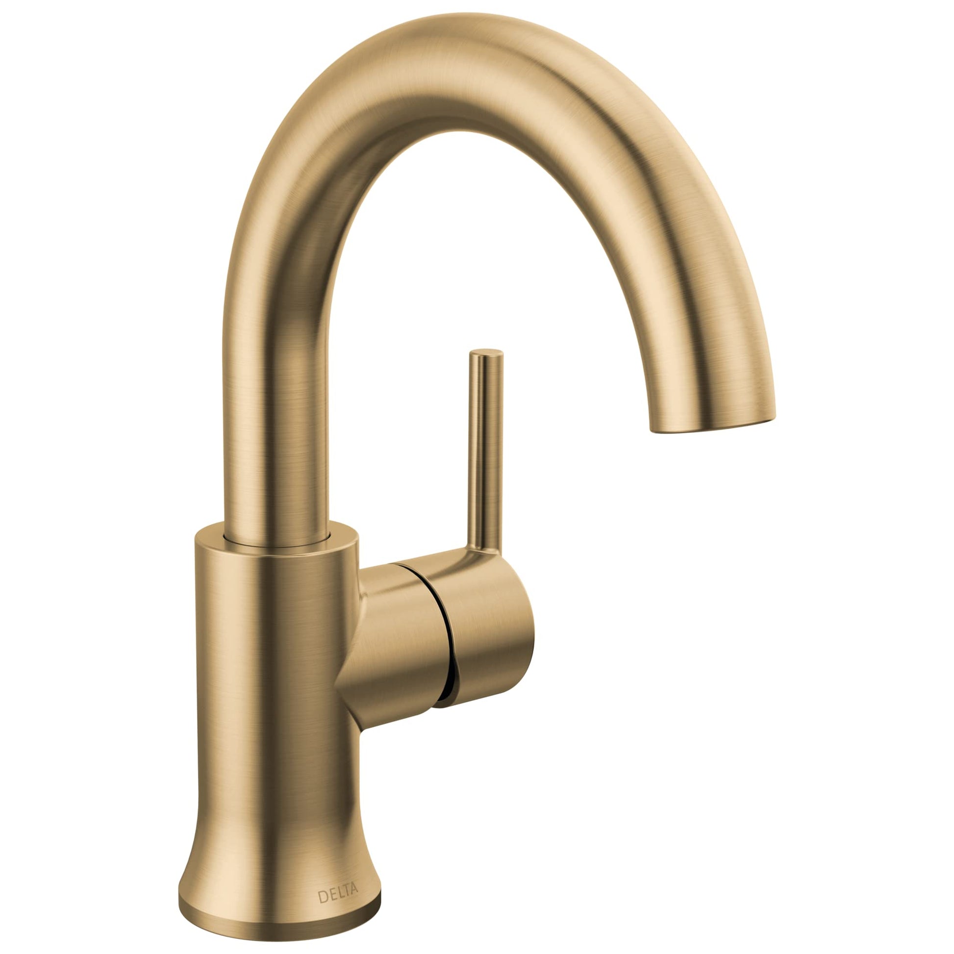 Brushed gold single-handle bathroom faucet with high-arc spout and lever handle.