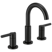 Matte black two-handle widespread bathroom faucet with curved spout and lever handles.