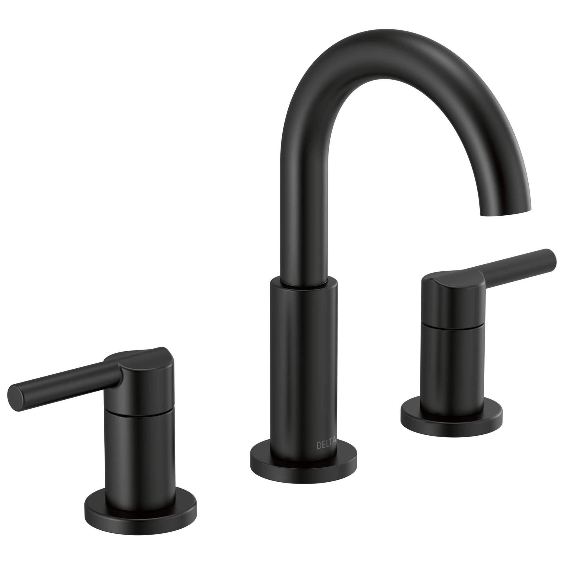 Matte black two-handle widespread bathroom faucet with curved spout and lever handles.
