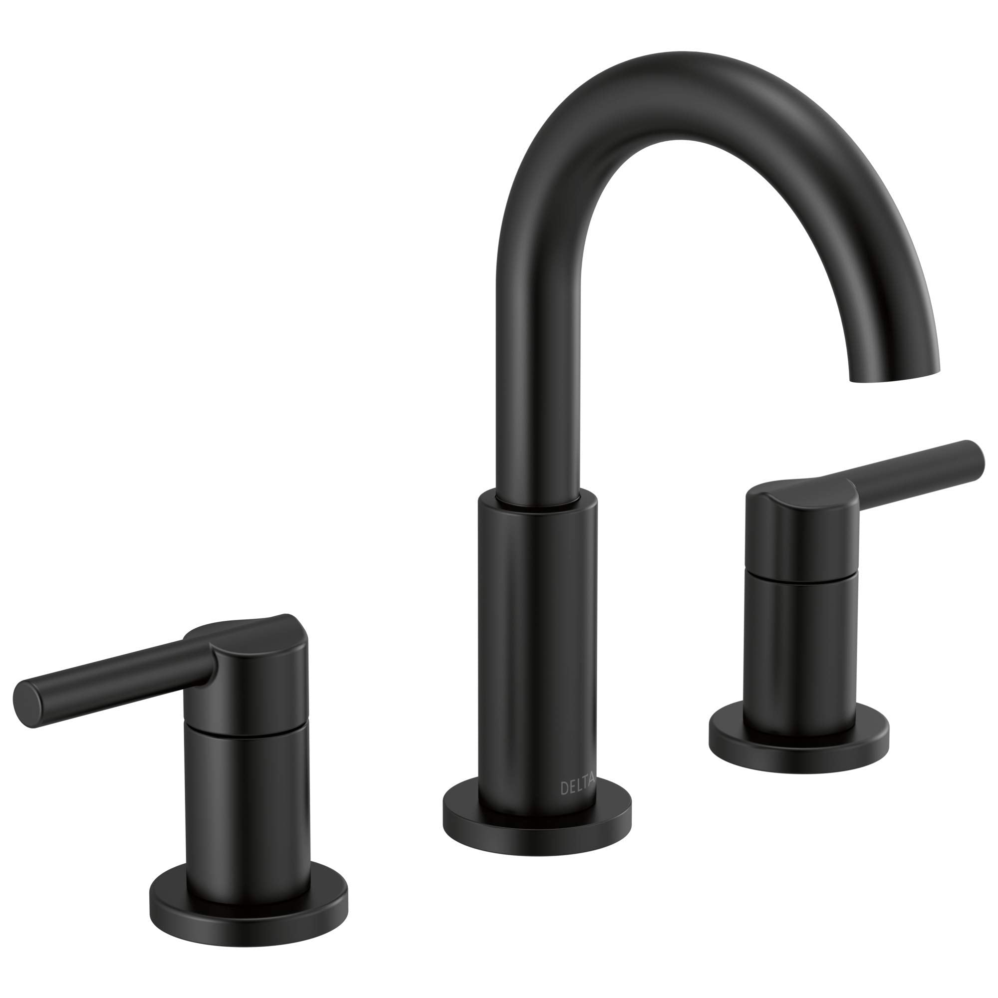 Matte black two-handle widespread bathroom faucet with curved spout and lever handles.