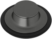 Black stainless steel garbage disposal stopper with dome-shaped cap and rubber ring base.