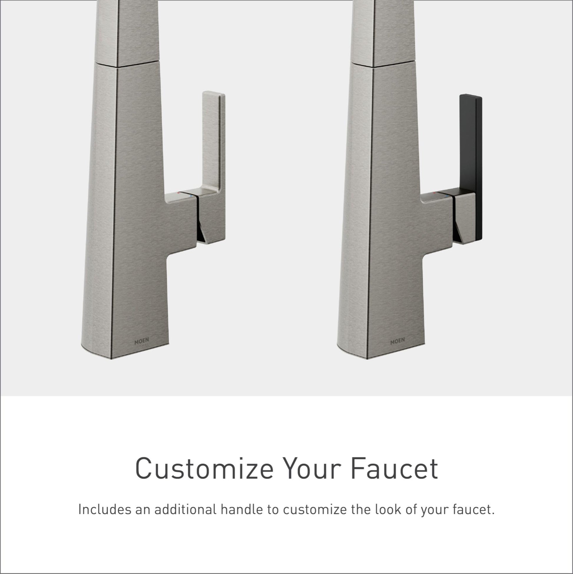 Moen Nio bar faucet with tapered spout shown with stainless and black interchangeable handles.
