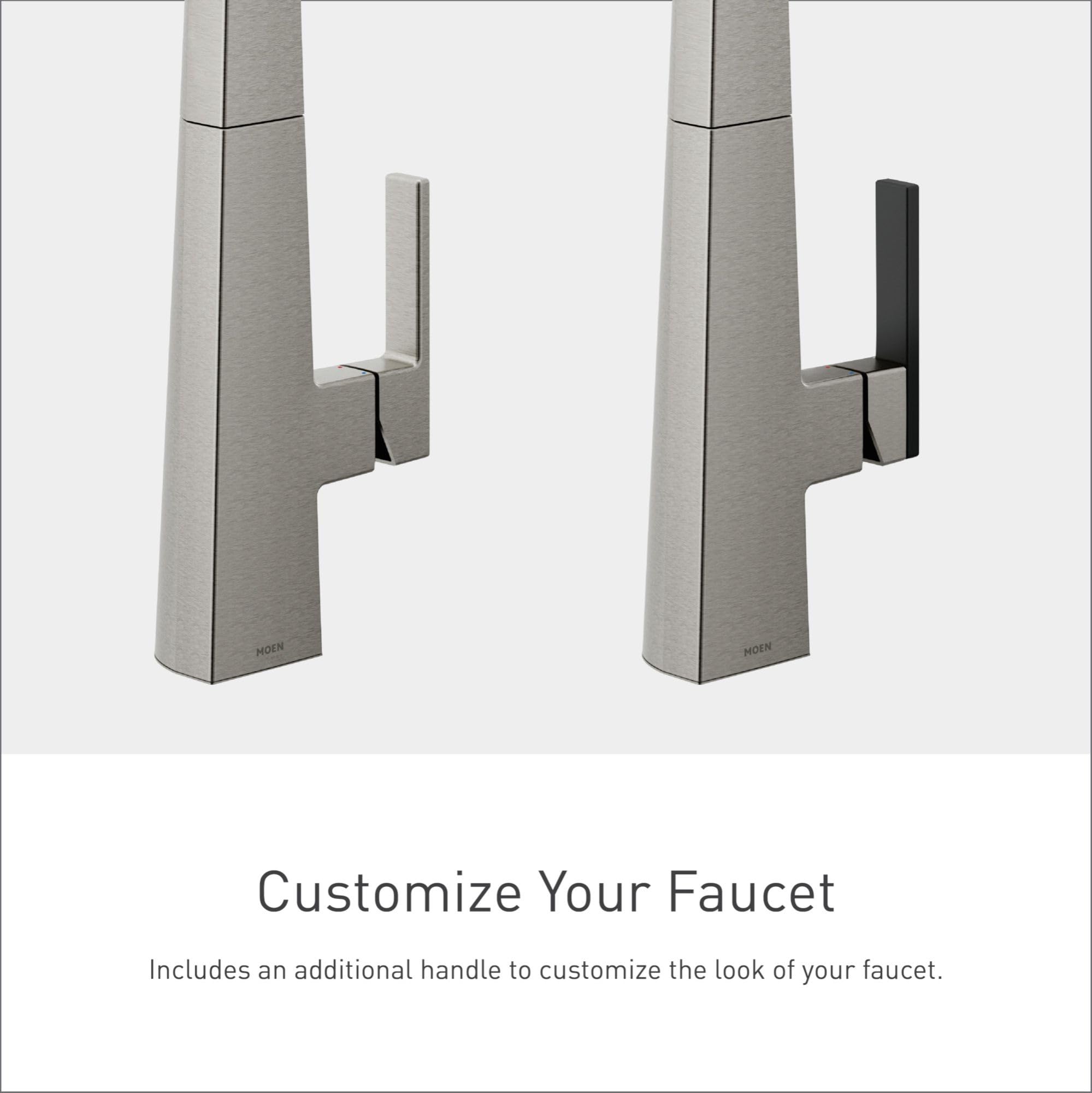 Moen Nio bar faucet with tapered spout shown with stainless and black interchangeable handles.