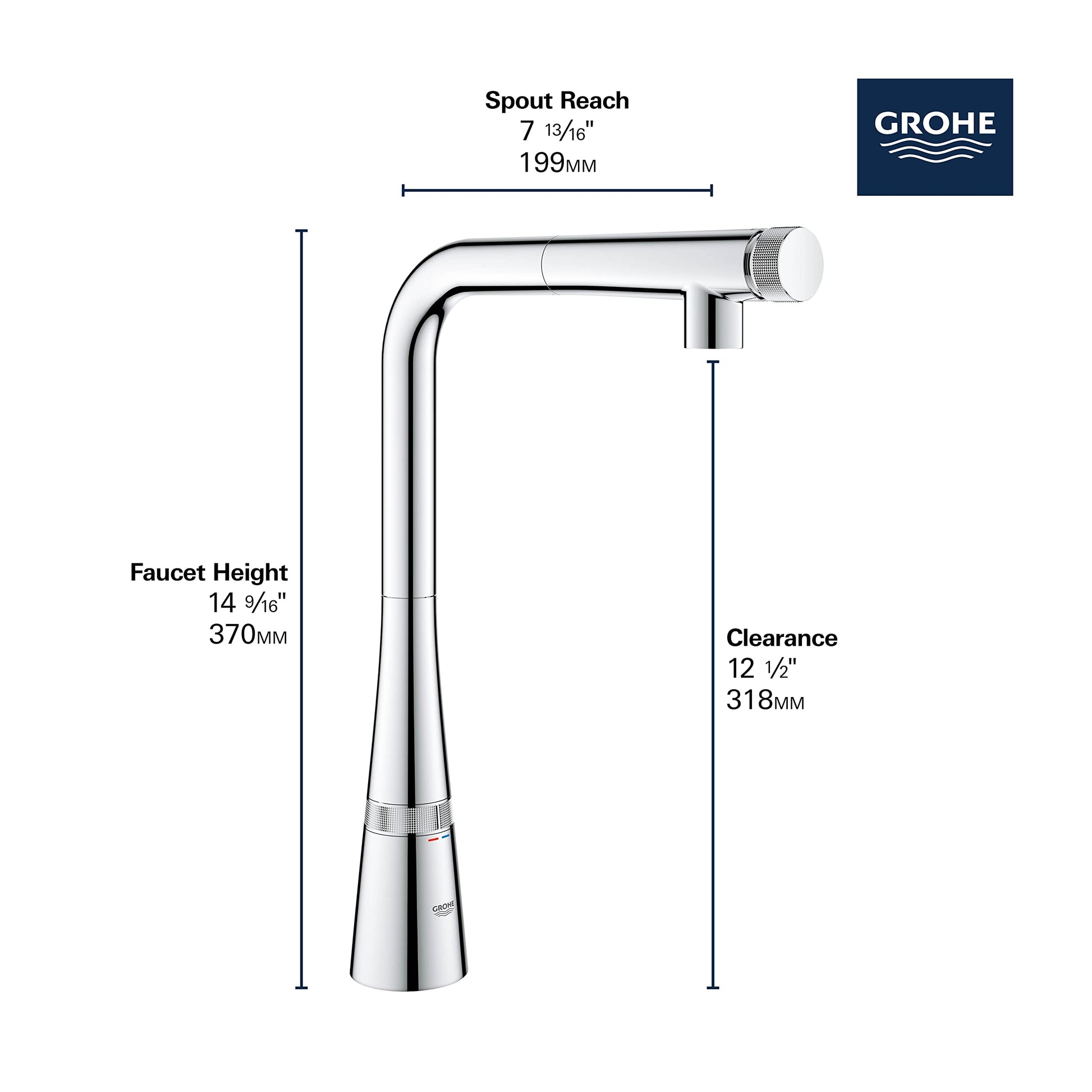 Chrome pull-out kitchen faucet with tall curved spout and single spray head, showing dimensions and Grohe branding.
