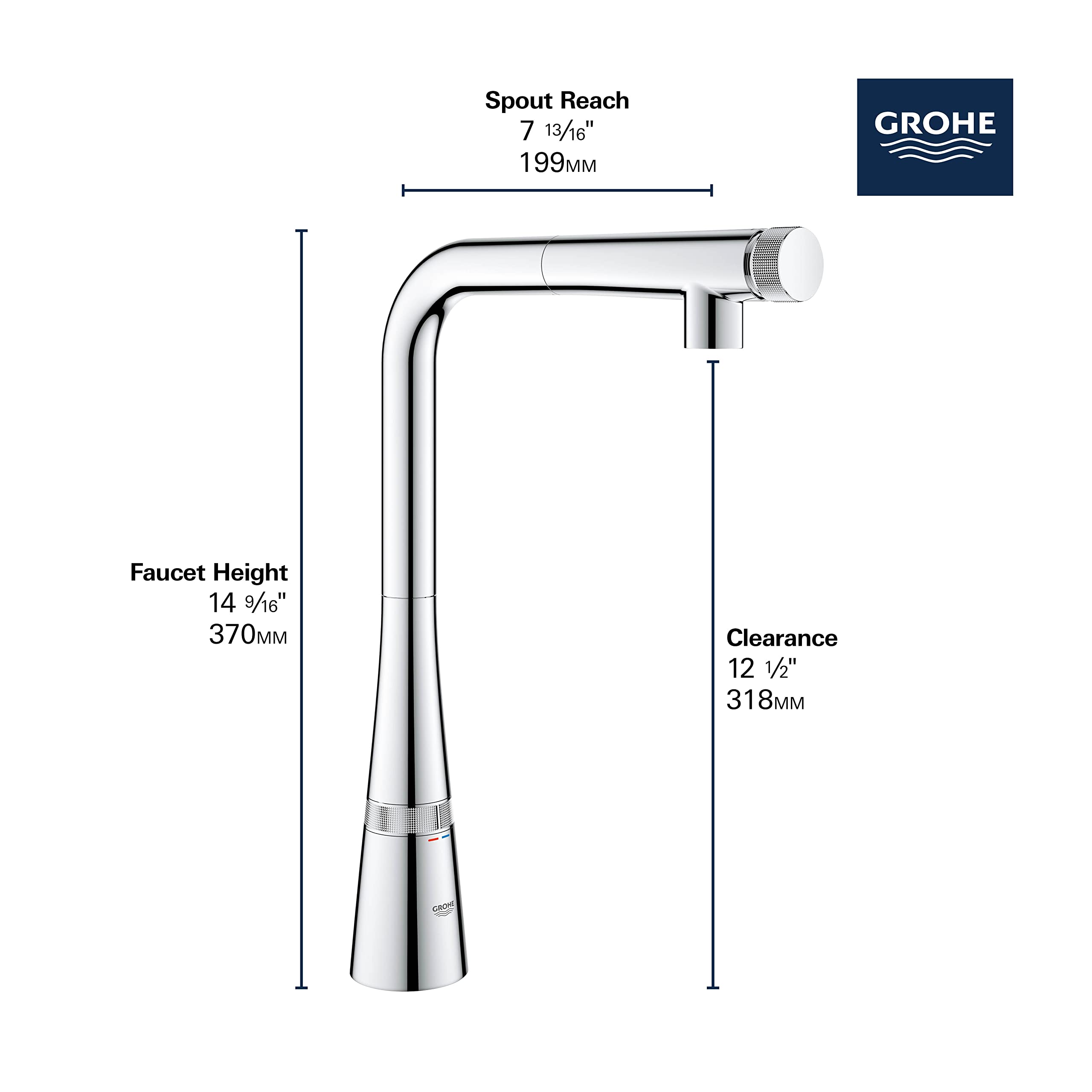 Chrome pull-out kitchen faucet with tall curved spout and single spray head, showing dimensions and Grohe branding.