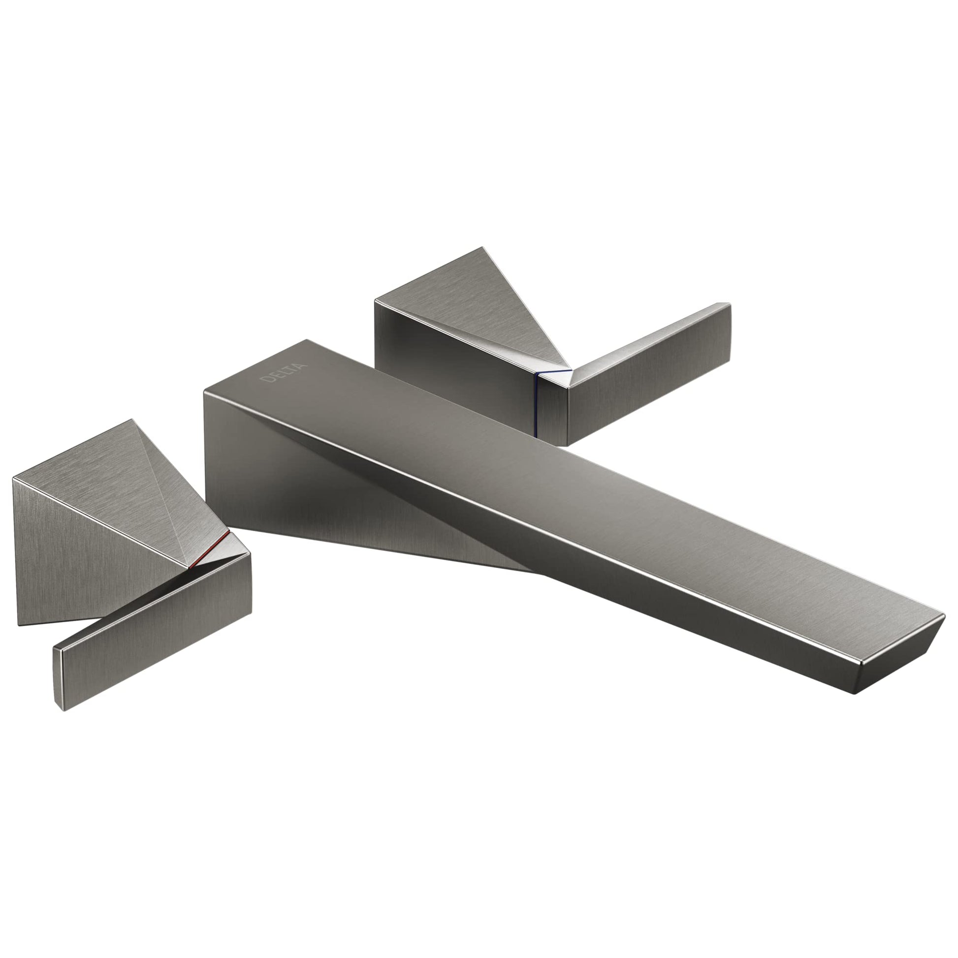 Brushed nickel wall-mounted tub filler trim with angular spout and two lever handles.