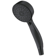 Black Delta hand shower with multiple spray holes and control button on handle.