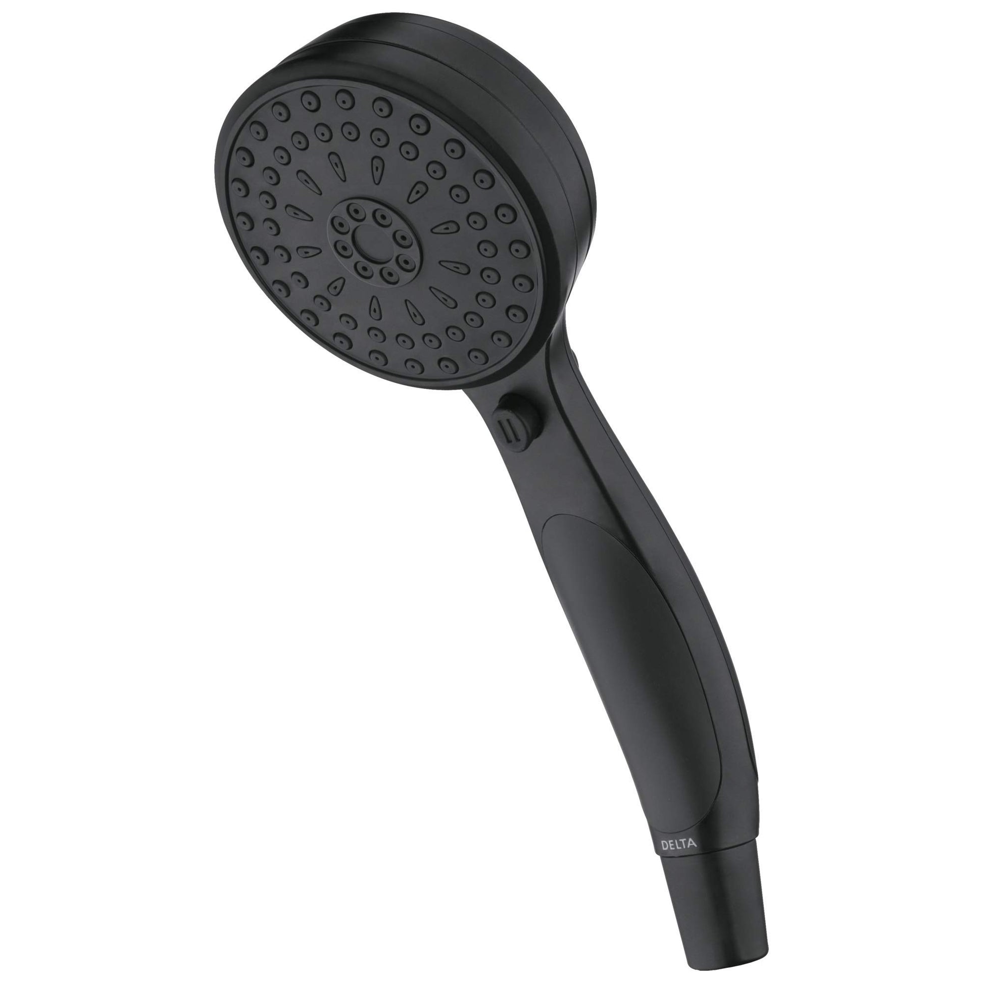 Black Delta hand shower with multiple spray holes and control button on handle.