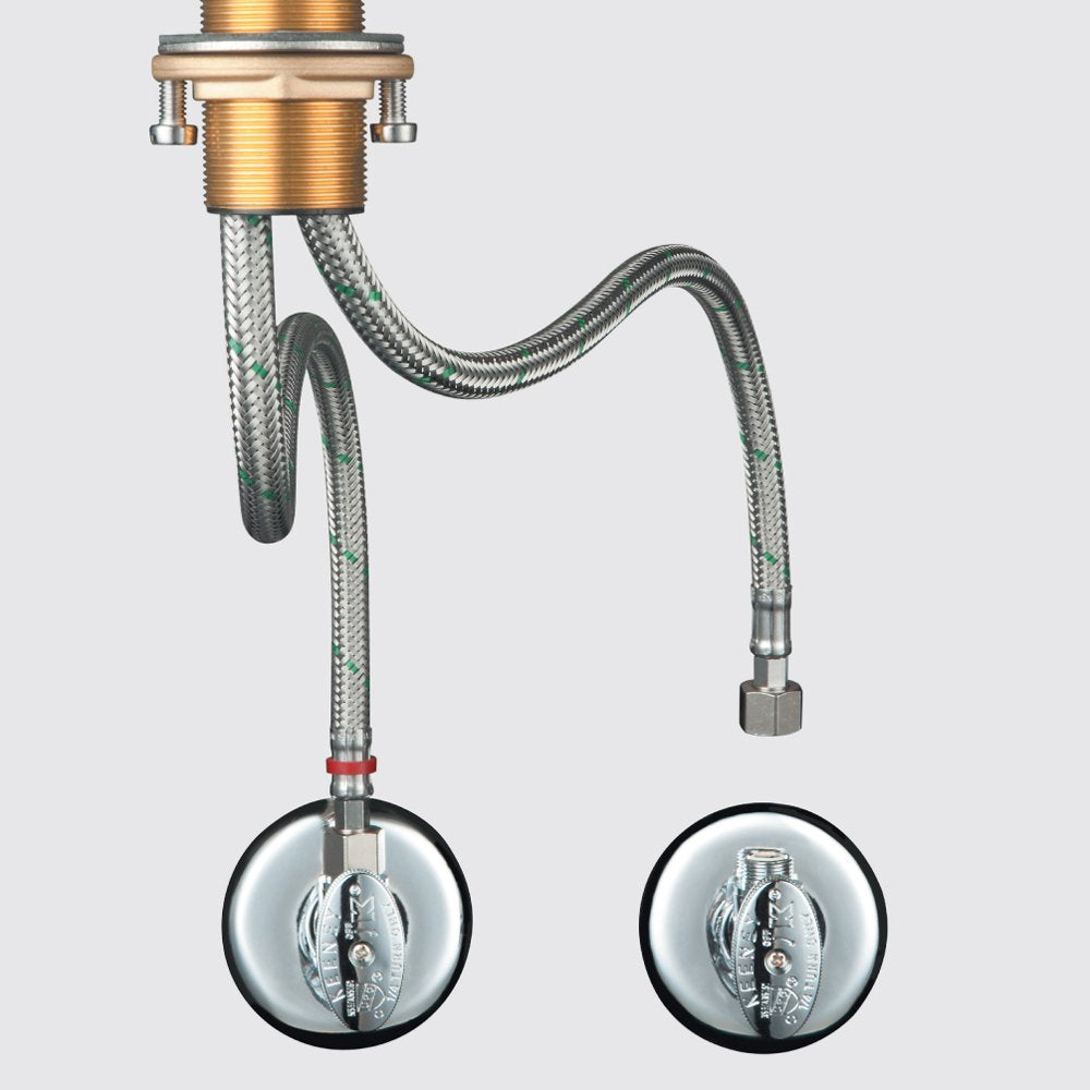 Chrome pull-down prep faucet with braided hoses and two round valve handles shown from underneath.