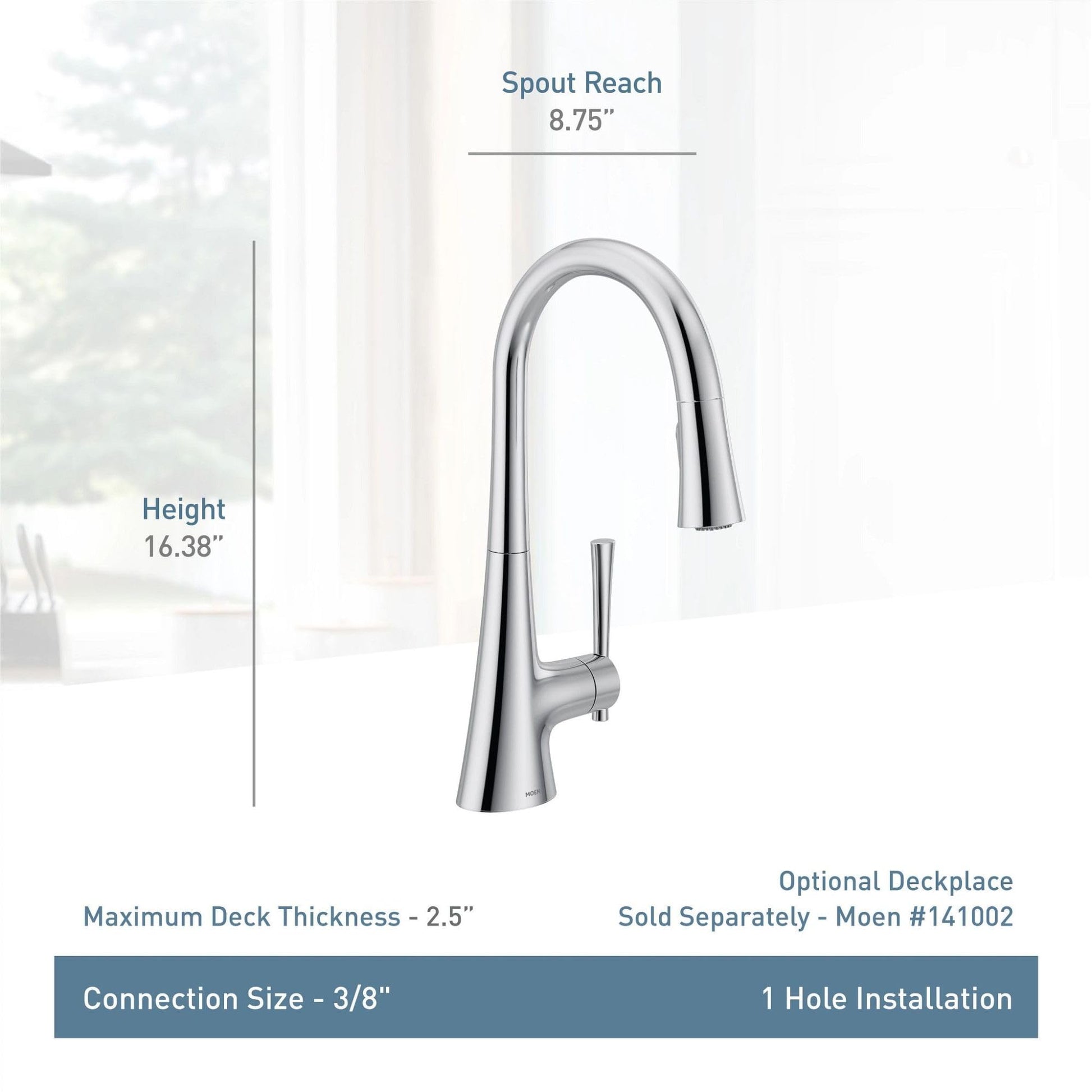 Stainless steel pulldown kitchen faucet with curved spout, single handle, 16.38" height, 8.75" reach.