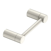 Brushed nickel toilet paper holder with cylindrical rollers connected by angled arm bar.