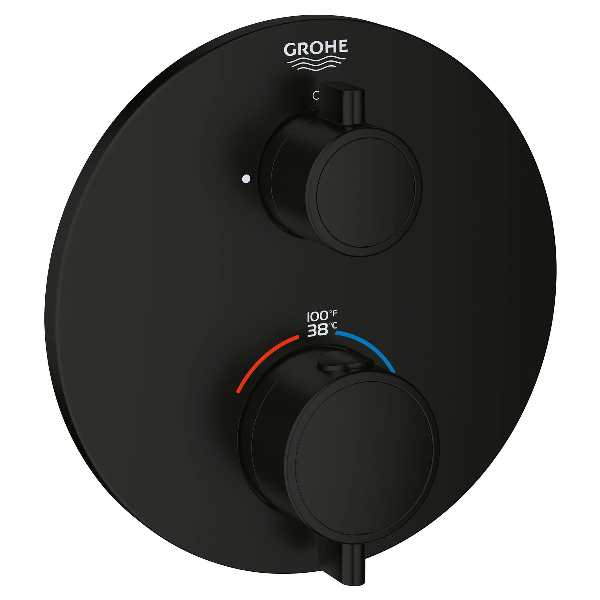 Grohe Grohtherm matte black thermostatic valve trim with two circular handles and temperature display showing 38°C.
